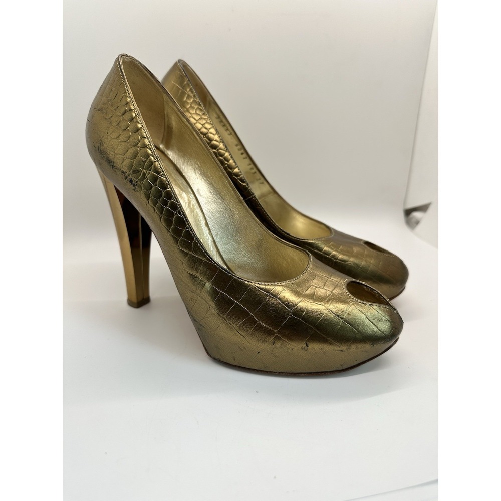 Casadei Made In Italy Croc Embossed Gold Leather Peep toe‎ Pumps 7